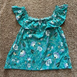 Women’s LOFT Linen Turquoise Floral Print Top Size XL